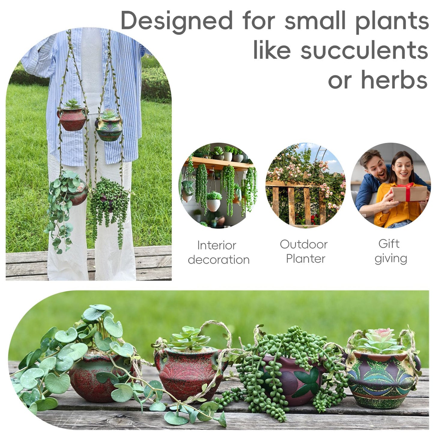 qumHmup Ceramic Hanging Planters, Set of 4 Pots with Drainage Holes,Boho Indoor Outdoor Planter for Succulents