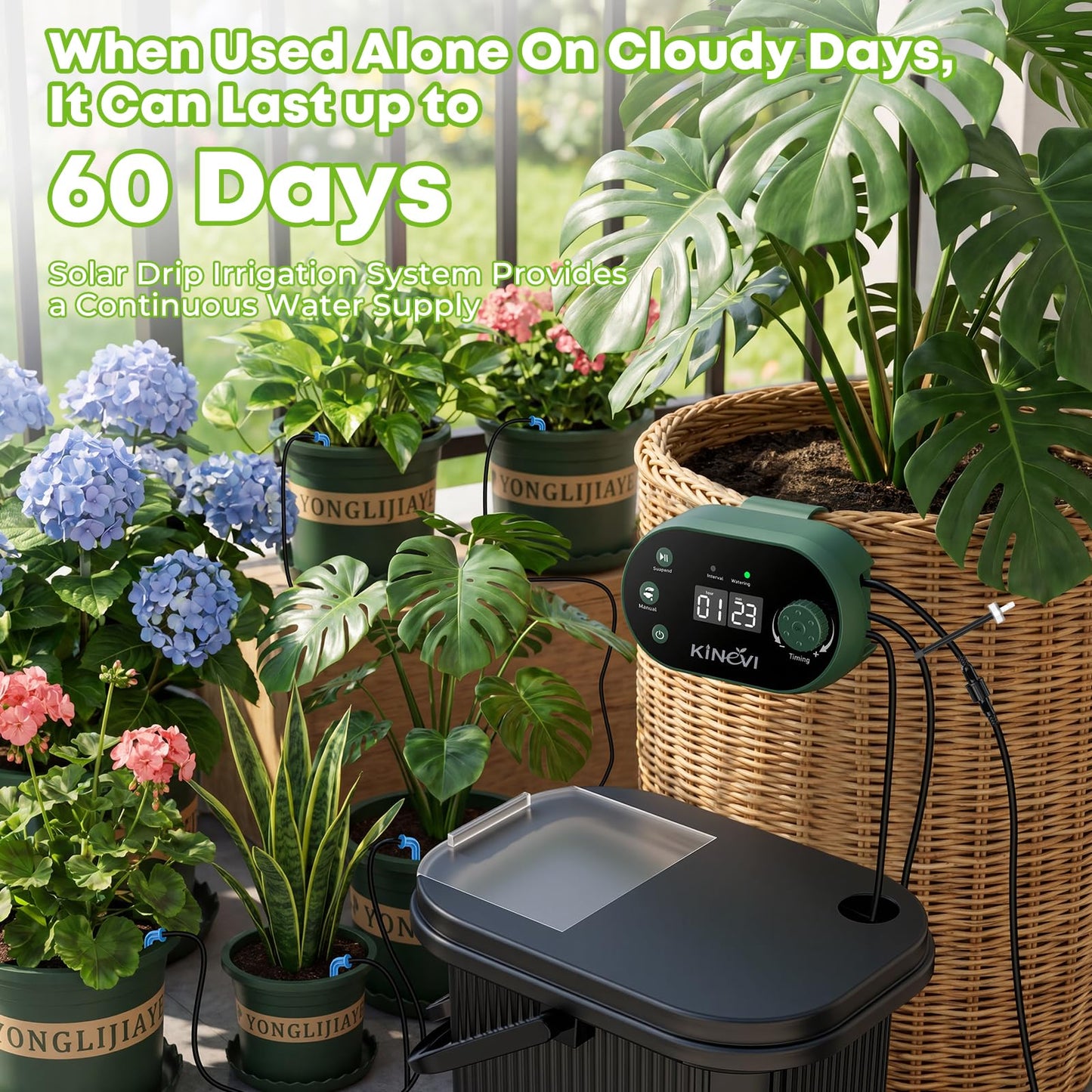Solar Drip Irrigation System Kit, Auto Watering Kit for 15 Pots, 3W Solar Powered Auto Easy DIY Watering Device,22 Timing Modes with with Anti-Siphoning Device & Buckets and Flower Pots