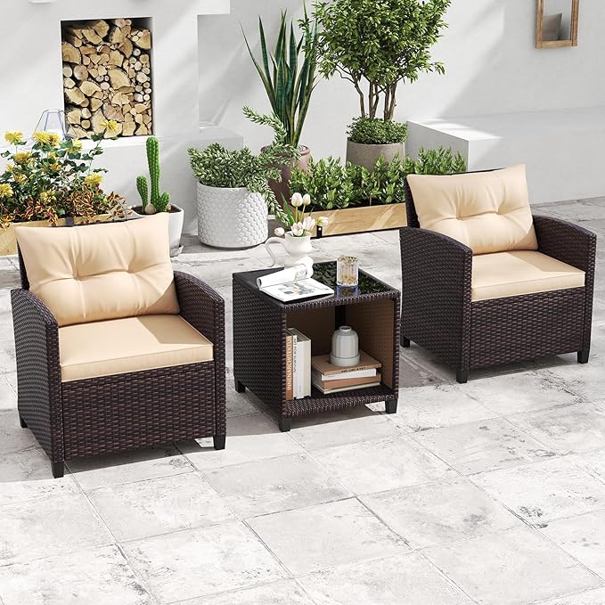 HAPPYGRILL 3 Pieces Patio Conversation Set, Outdoor Rattan Wicker Chairs &
