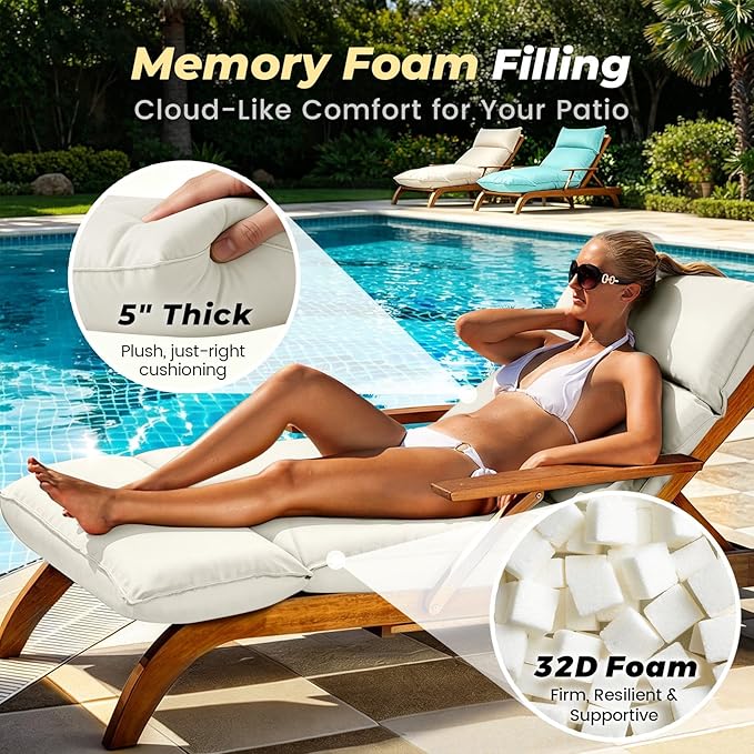 Outdoor Chaise Lounge Chair Cushion, Waterproof Non-Slip Patio Chaise Lounge