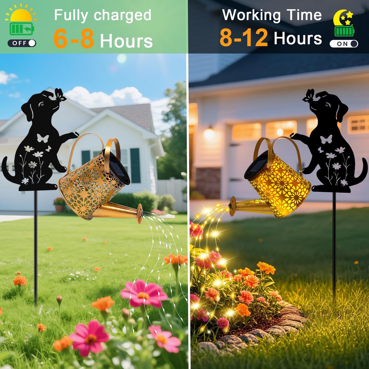 ZFNN Solar Garden Decor Lights, Outdoor Waterproof Solar Watering Can with Cascading Lights, Metal Dog Silhouette Stake Yard Art for Outside Lawn Patio, Unique Gardening Gifts for Women Mom