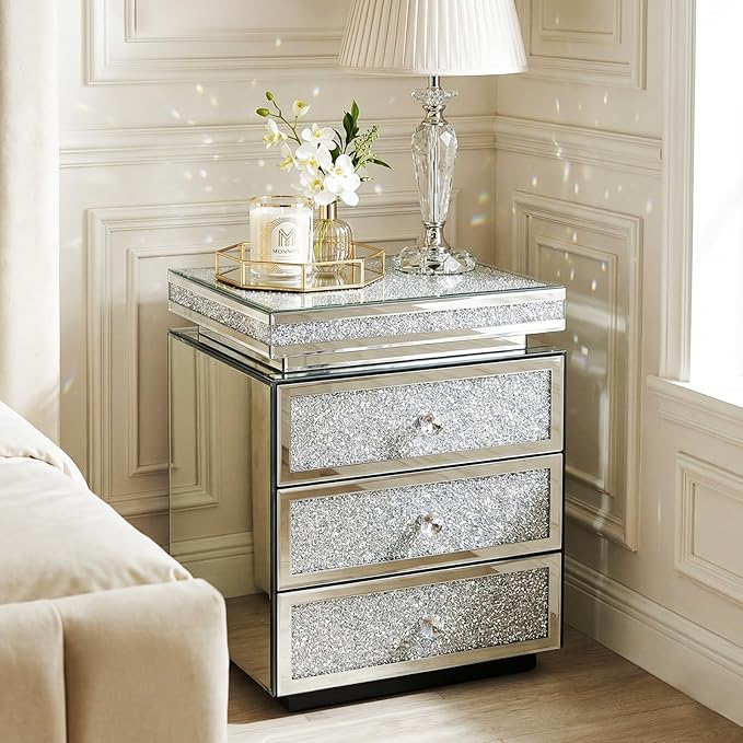 Modern Glam Glass Mirror Nightstand, 3-Drawer Luxury Mirrored Accent Table