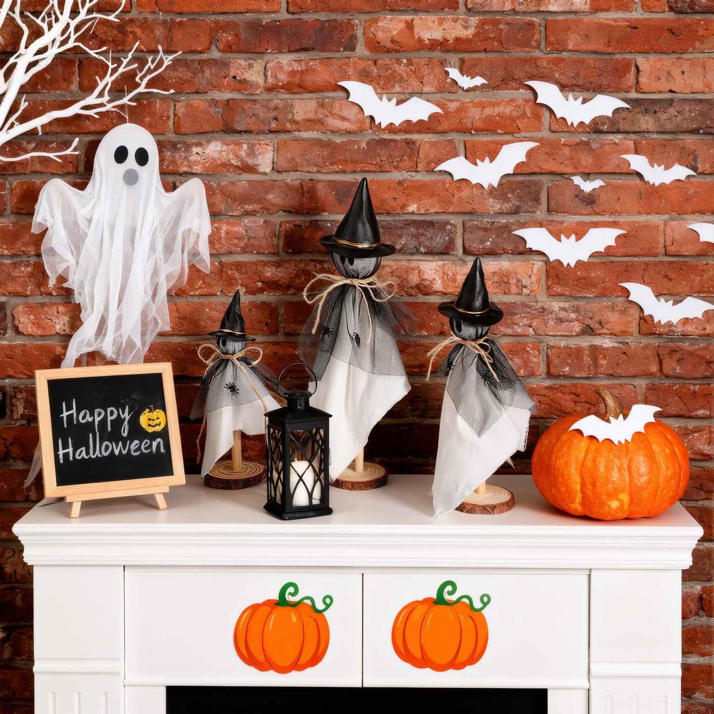 AceOrbit Halloween Decorations Indoor Ghost Set of 3 Sizes Primitive Ghost Wooden Stand Rustic with Witch Hat Spider Fabric Figure Shelf Sitters Table Centerpieces Tiered Tray Halloween Party Supply