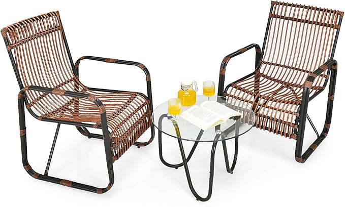 Tangkula 3 Piece Patio Rattan Furniture Set, Includes 2 Single Wicker Chairs