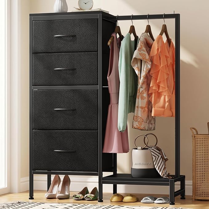 HIGDBFE Dresser with Hanging Rack, 4 Drawers Small Closet for Bedroom, Reversible Fabric Kids Chest of Drawers with Clothes Rack, Tall Storage Tower, Sturdy Frame, Black, 44''H