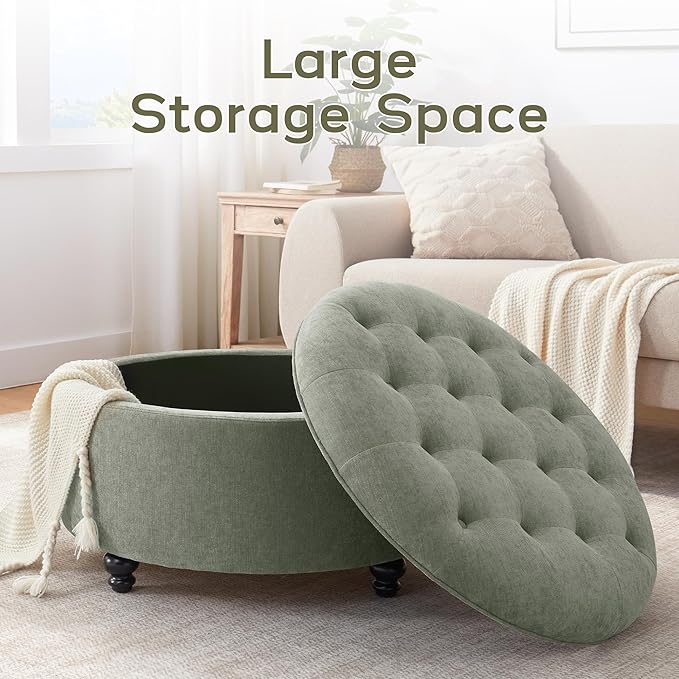HUIMO 30-Inch Round Storage Ottoman, Modern Button Tufted Coffee Table