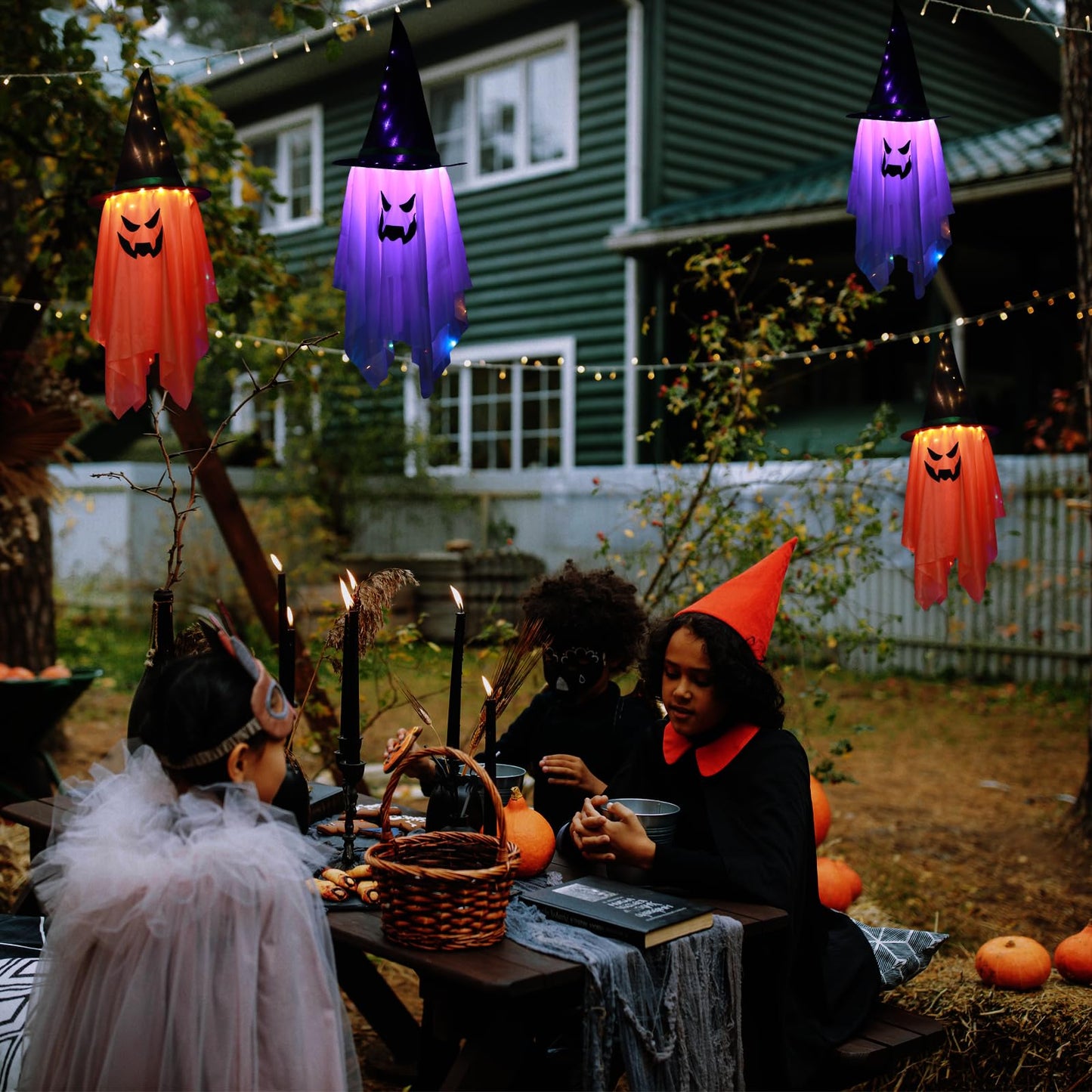 BokingOne Halloween Decoration 2 Pcs Large Halloween Lighted Glowing Ghost Witch Hats, Hanging Ghost Ornaments for Indoor Outdoor Home, Garden, Tree, Yard Party Decor