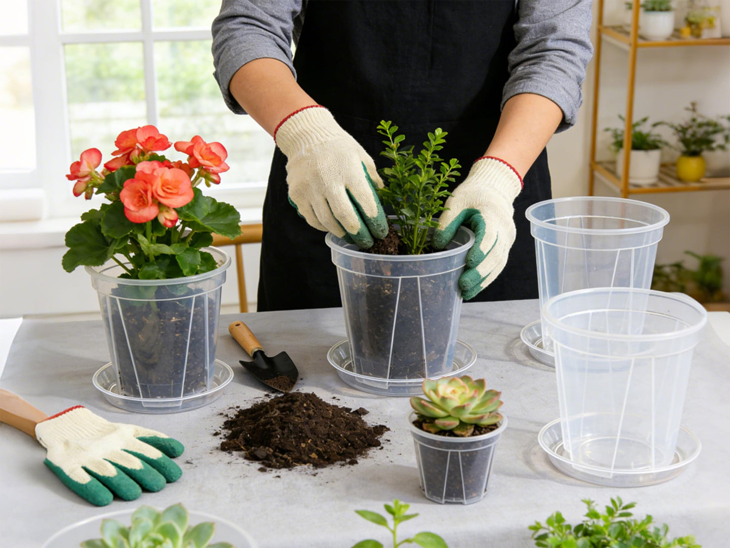 12-Pack Thick Clear Nursery Pots with Saucers (4/5/5.5/6.3 Inch) – Transparent Plastic Plant Pots with Drainage Holes & 12 Labels, Assorted Sizes for Seed Starting, Succulents, Indoor Outdoor Use