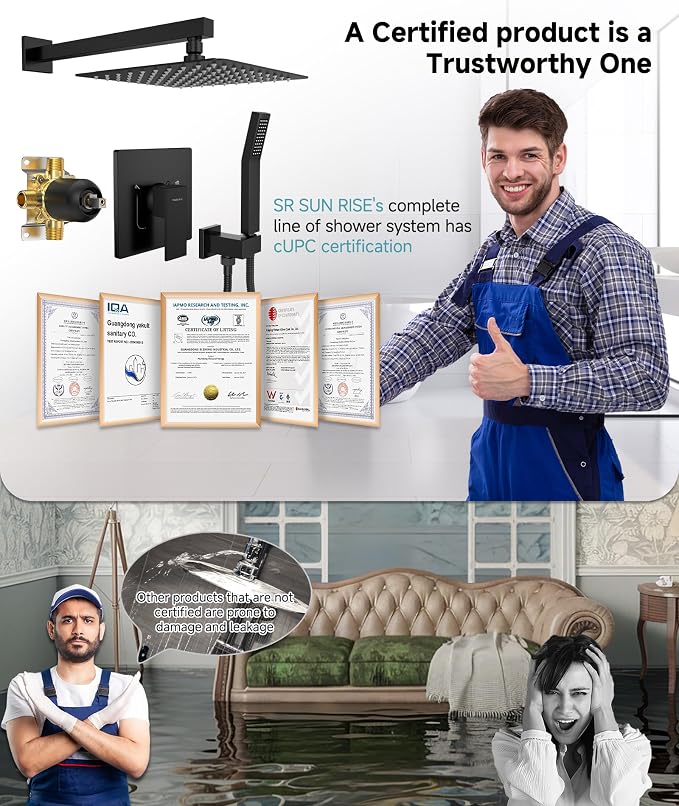 SR SUN RISE Shower Faucet Set & System - 10 Inch Rainfall Shower Head & Handle Set Wall Mounted Matte Black Solid Brass Valve Trim Kit Included