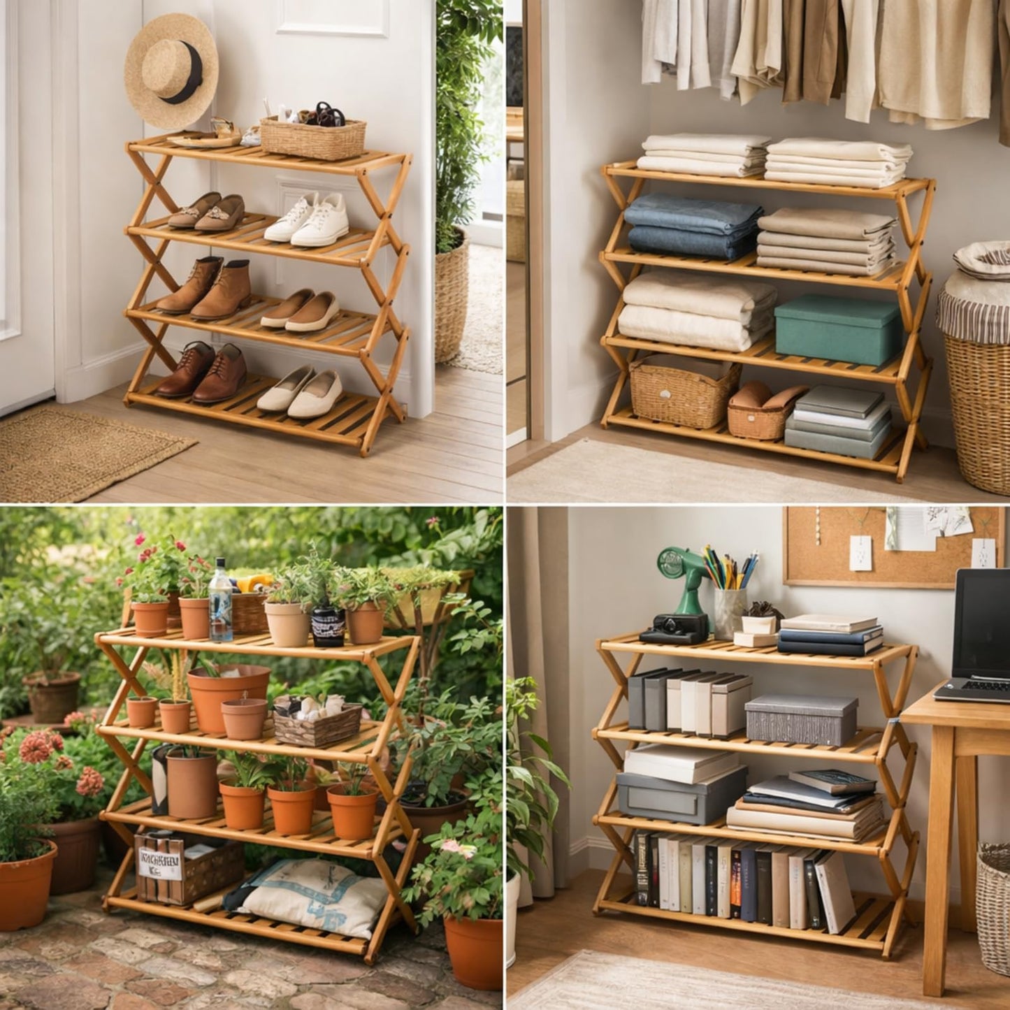 Leinuosen 4 Tier Wooden Plant Stand 27" x 27" x 10" Foldable Bamboo Display Rack Organizer Multiple Plant Shelf Flower Pot Holder Lightweight Portable Bamboo Shelf for Picnic Garden Patio Indoor