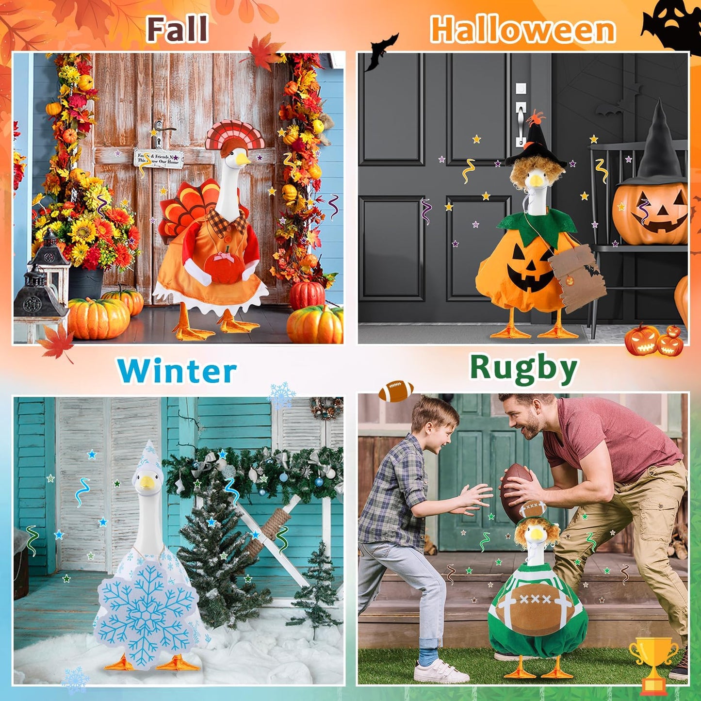 6 Set Seasonal Holiday Porch Goose Outfits Hanging Decor All Seasons Winter Christmas Football Goose Costume Fit for 23" Geese Statue Thanksgiving Halloween Outdoor Yard Garden Patio Lawn Art Decor