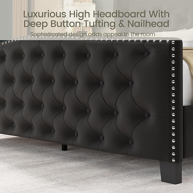 LARMACE Queen Size Bed Frame Velvet Upholstered Platform Bed