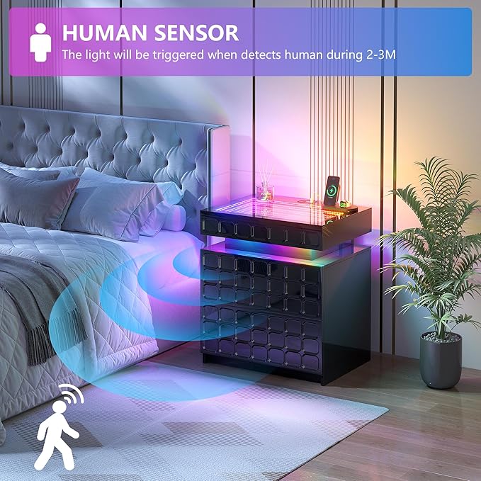 Night Stand with Charging Station and Smart RGB Lights, LED Nightstand with
