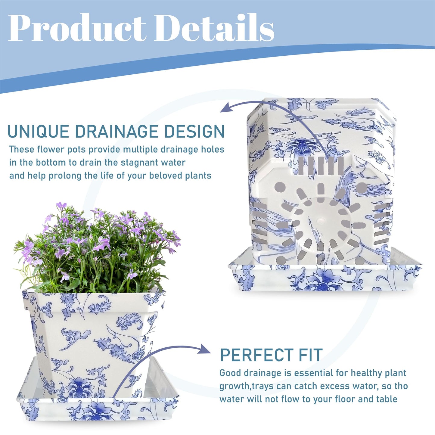 SEUCRWAX 4 Inch Plant Pots Square Plastic Decoration,Flower Pots Retro Design,Flower Pot with Drain Hole and Tray,for Outdoor Indoor Garden Valentine's Day Plants (Blue and White,4pcs)