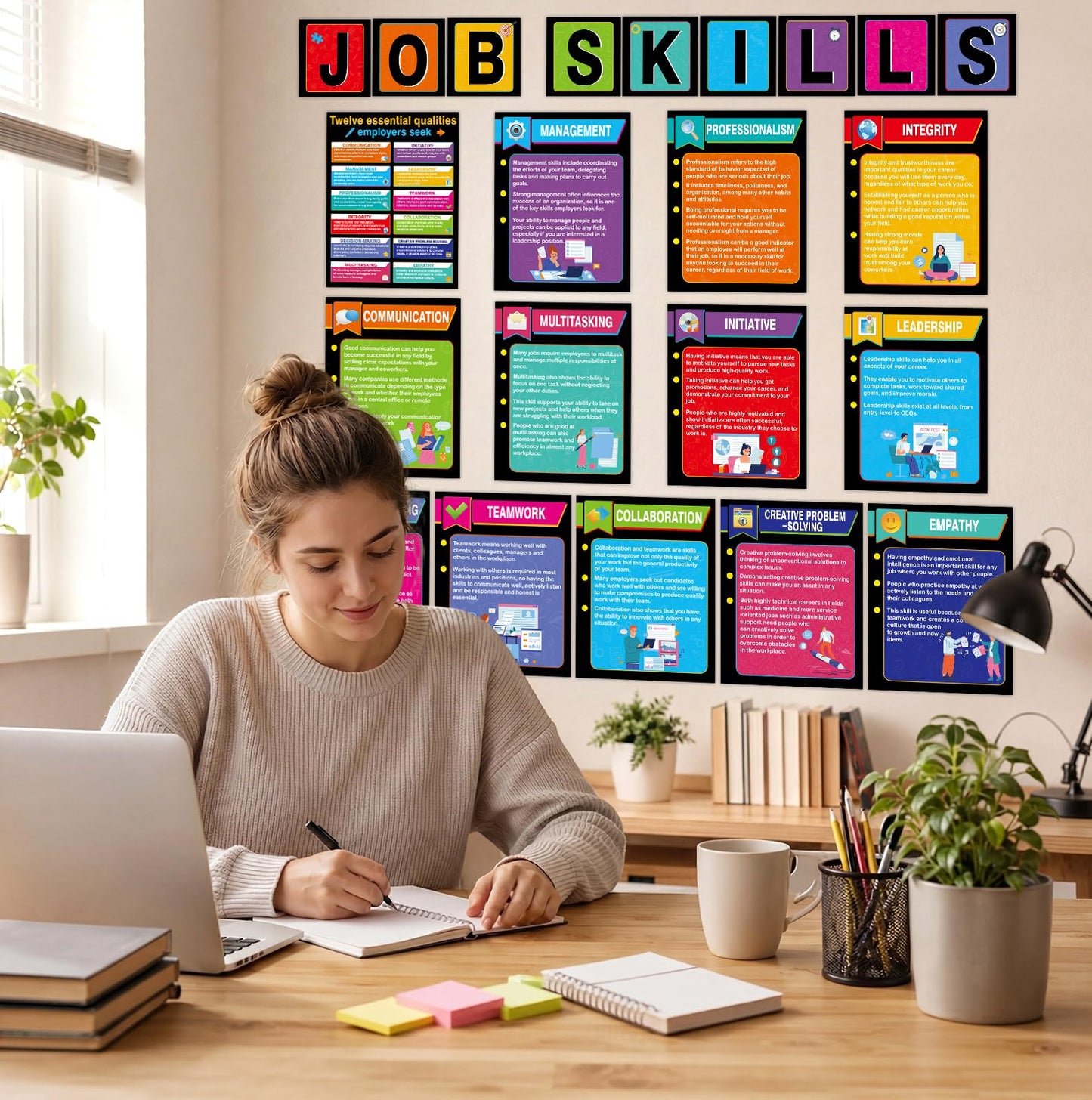 22 Pcs Job Skills Posters Back to School Classroom Decorations Essential Qualities Employer Seek Posters Educational Bulletin Board Set for High School College Library Workplace Wall Decor, Coloful