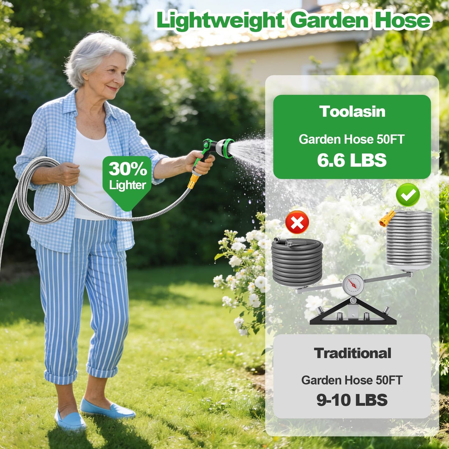 Garden Hose 50FT, Flexible Stainless Steel Metal Water Hose with 10-Function Nozzle, No-Kink, Leak-Proof, Wear-Resistant, 3/4 GHT, Easy to Use and Store for Garden, Yard, Lawn, Outdoor