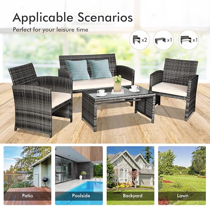 Goplus 4-Piece Rattan Patio Furniture Set, Outdoor Wicker Conversation Sofa