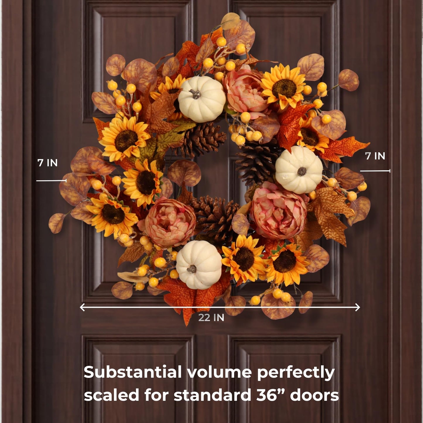 Artificial Fall Autumn Wreath 22 in with Sunflower,Peony,Pumpkin, Eucalyptus Leaf for Front Door Thanksgiving Wreaths Wall Window Harvest Festival Celebration