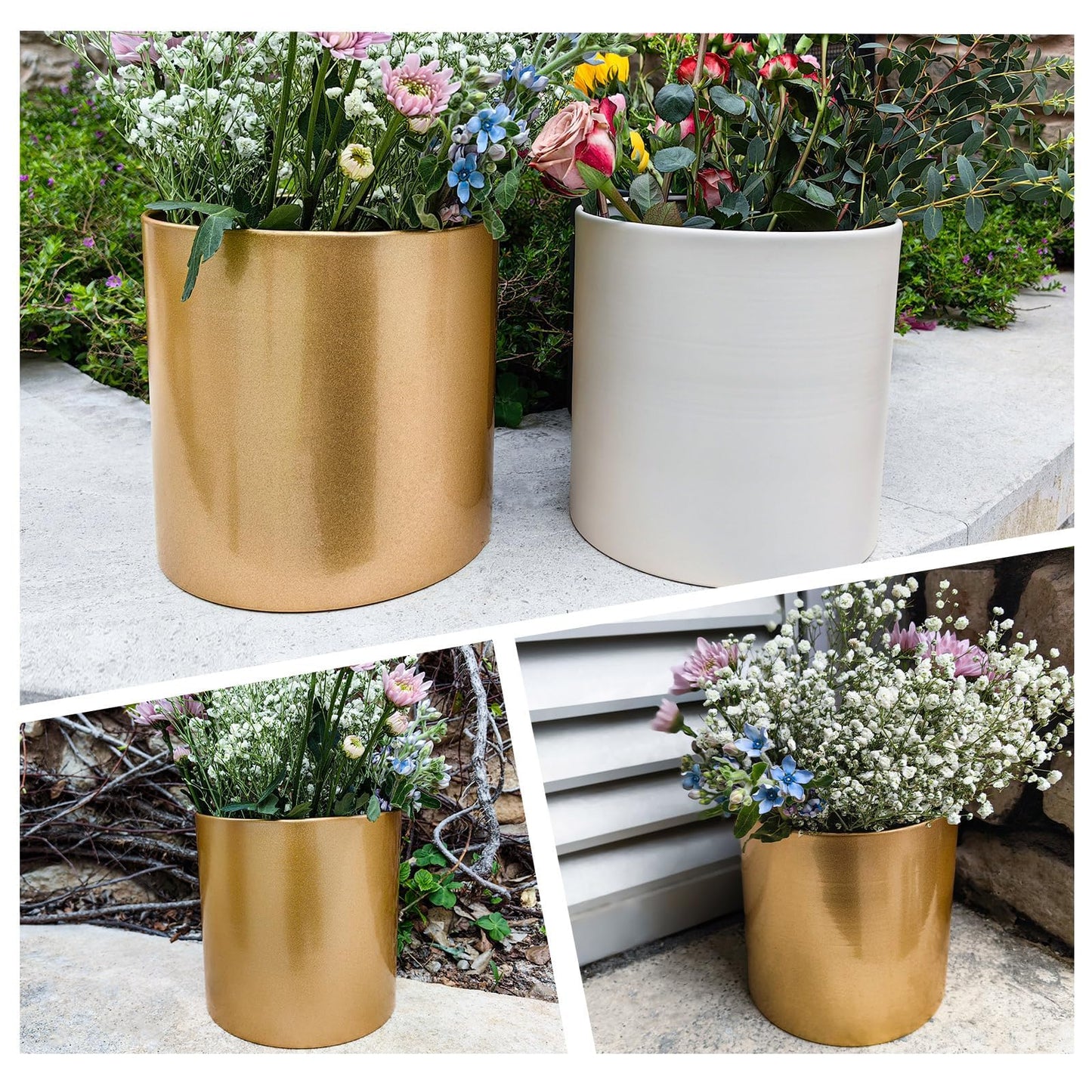 Rioneta Gold Metal Plant Pot with Drainage Hole,7 Inch Mid Century Modern Small Pot Indoor Outdoor Planters for Succulents, Flowers & Home Decor Gift Window Living Room Bedroom