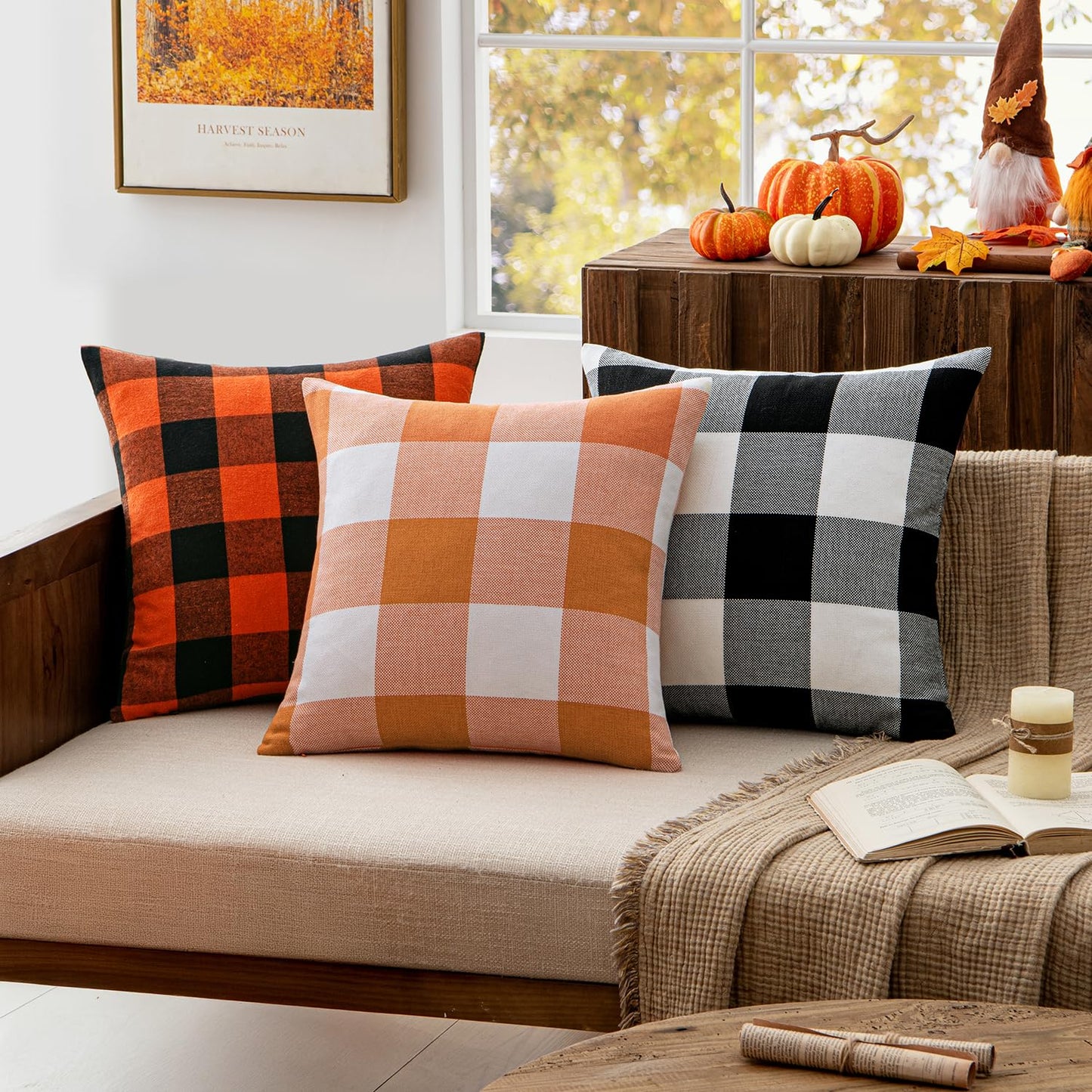 MIULEE Fall Throw Pillow Covers Halloween Decorations Pack of 2 Buffalo Check Farmhouse Plaids Polyester Linen Outdoor Cushion Case for Sofa Couch Orange and Black 18 x 18 Inch 45 x 45 Cm