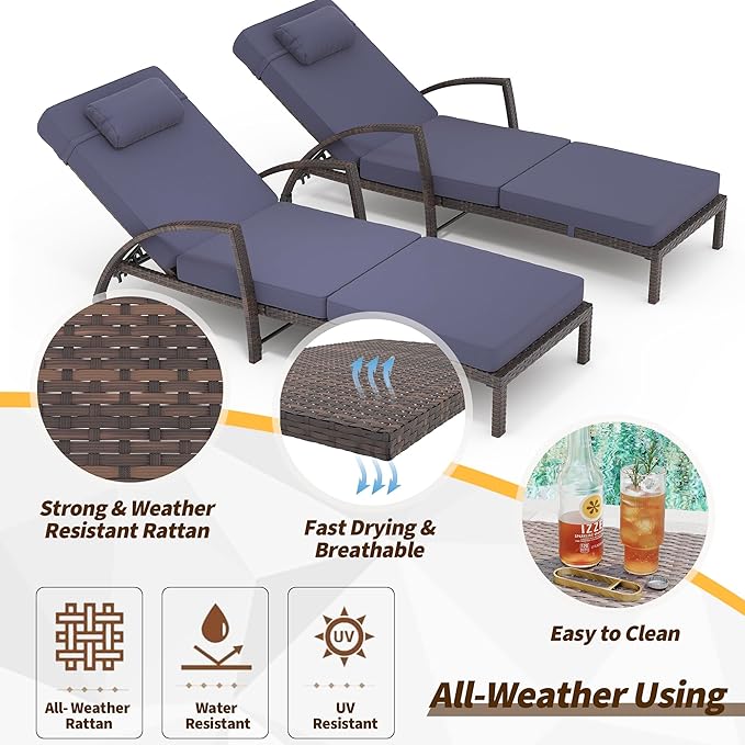 GarveeLife 2-Piece Rattan Patio Folding Chaise Lounge, 5-Position Adjustable
