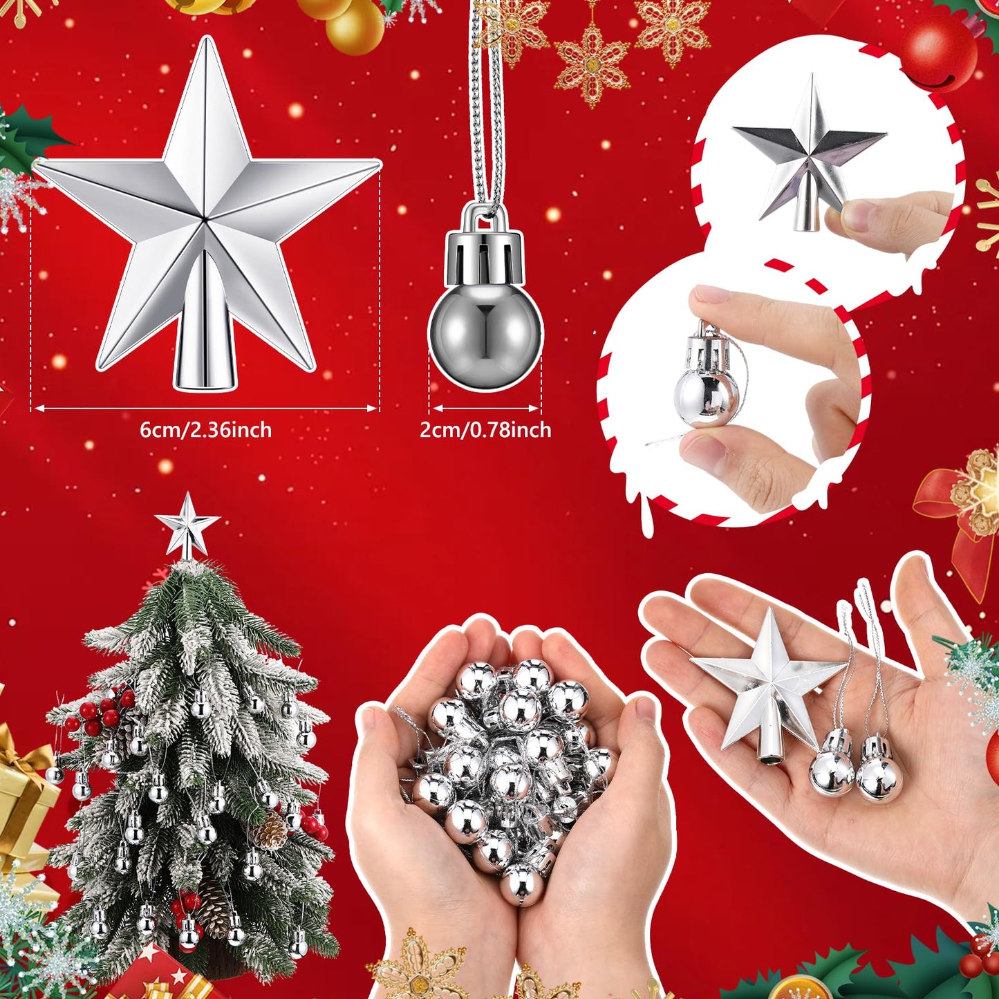 RoundFunny 25 Pcs Christmas Balls Ornaments Set Mini Tree Decoration 0. 79 Inch Christmas Ball Tree Topper Star Hanging Ornaments for Party Decoration(Silver)