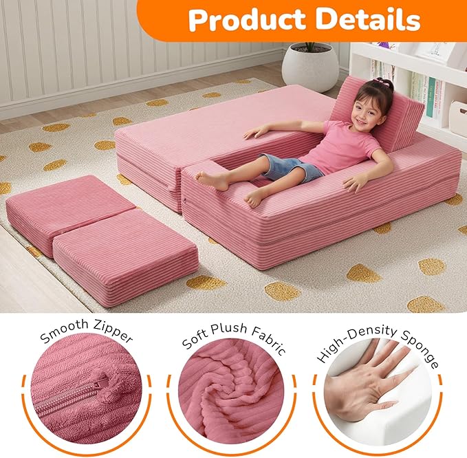 MeMoreCool Pink Corduroy Kids Play Couch, Modular Toddler Couch