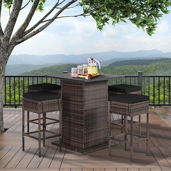 Tangkula 5 Piece Outdoor Rattan Bar Set, Patio Bar Furniture