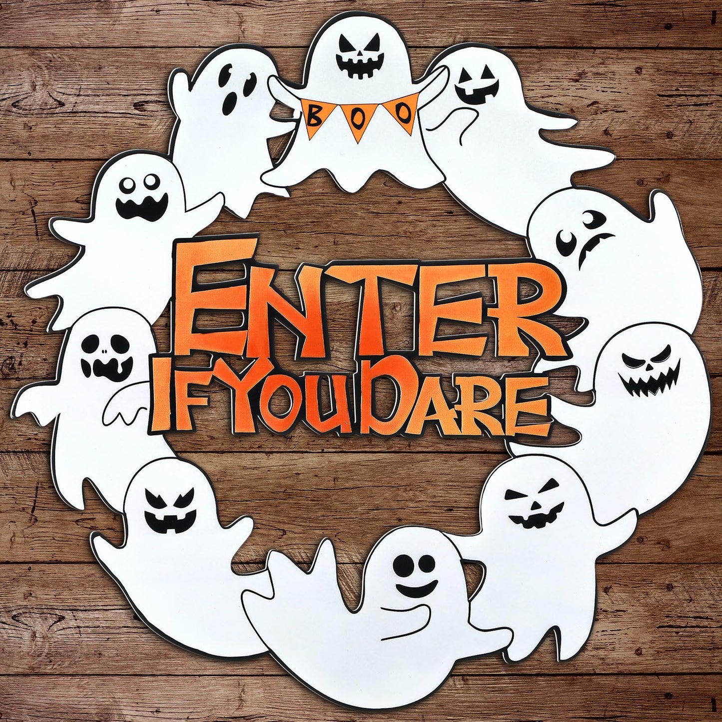 MorningRo Metal Ghost Wreaths for Front Door Halloween Hanging Wreaths Halloween Boo Enter If You Dare Hanging Welcome Sign for Porch Wall Home Outdoor, 13 Inch