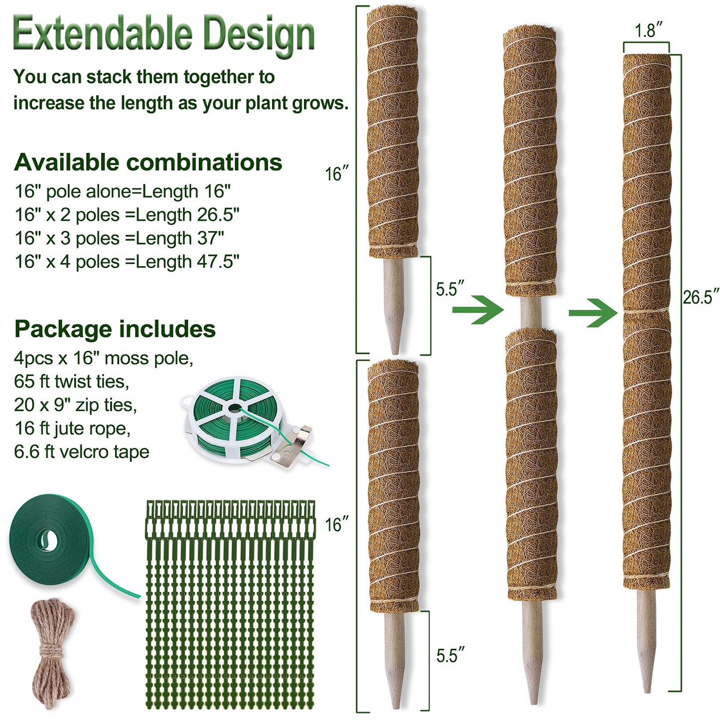 Fabulas Moss Pole 47.5 Inch - Monstera Plant Support, 4 Packs 16 Inch Plant Stakes for Indoor Plants Coco Coir Moss Pole Sticks for Climbing Potted Live Plants, Pothos, Philodendron, with Garden Ties