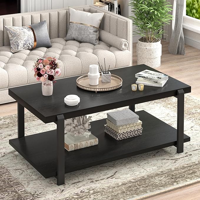 FOLUBAN Black Coffee Table, Modern Rustic Wood Center Table