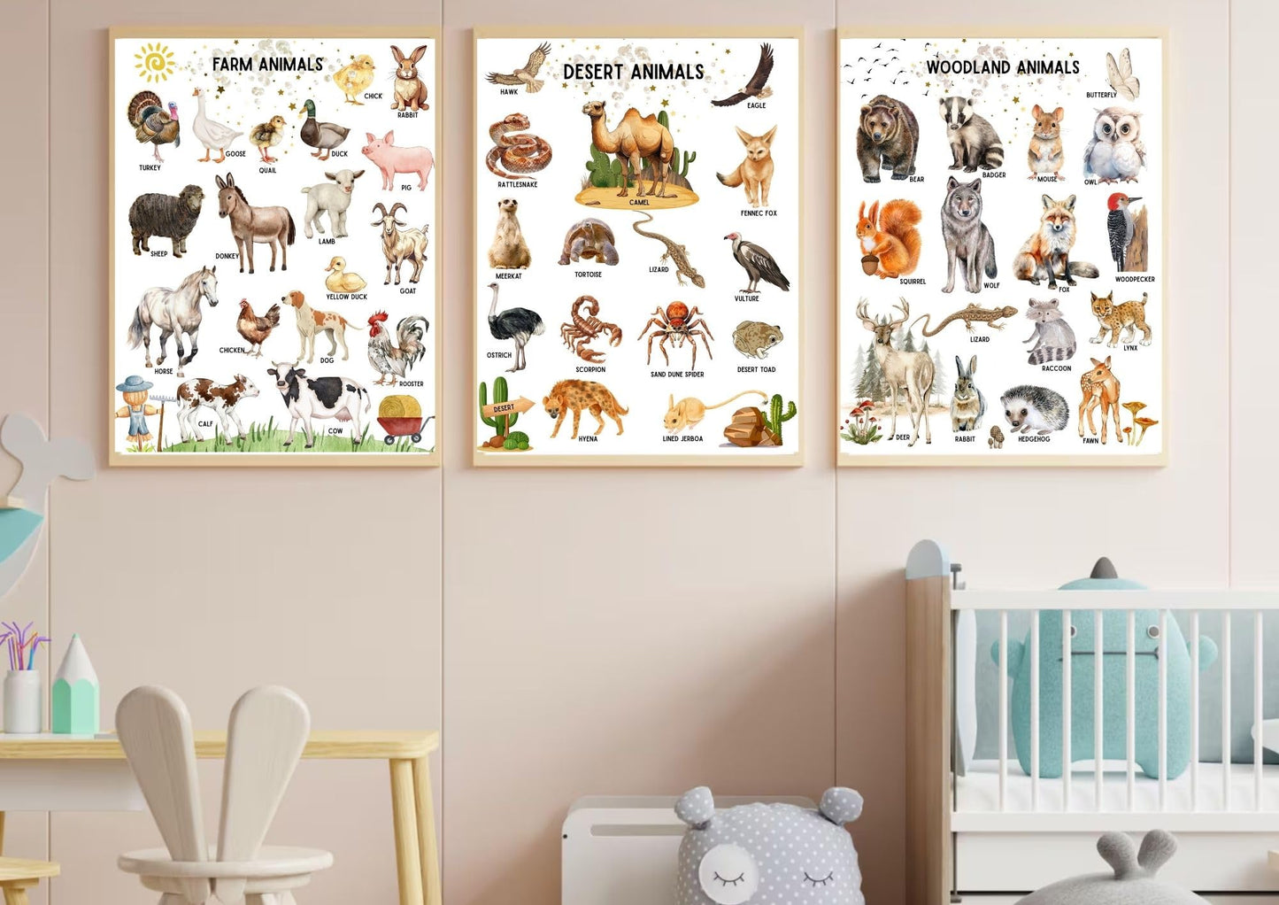 Educational Animal Poster, Preschool Wall Decor for Toddlers Set of 7 Unframed (8''x10'') Kindergarten School, Nursery,Farm, Sea, Desert, Woodland, Arctic Animals & Insects for Kids Room Decor