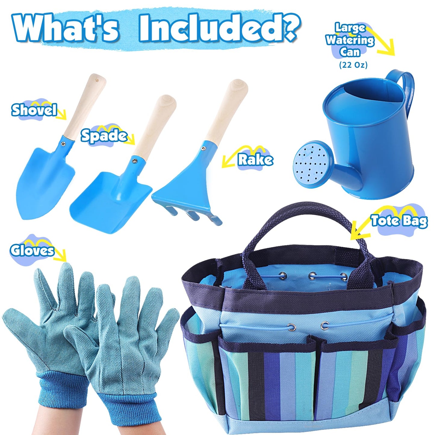 Kids Gardening Tools Set, Toddler Play Kit Child Outdoor Toy with Gloves, Watering Can, Metal Shovel, Rake, Spade & Storage Bag, Backyard Sand Digging Holiday Birthday Gift for Boy Girl 3 4 5 (Blue)