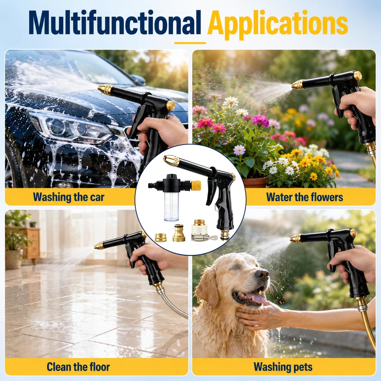 Turn Any Hose Into A High-Pressure Water Jet,Heavy Duty Garden Hose Nozzle,Multi Function Lawn & Garden Watering Sprayer,Spray Nozzles for Cleaning Yard Pets Car,Three Spray Modes with Foam Pot(set)