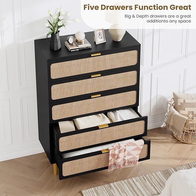 GarveeHome Rattan 5 Drawer Dressers