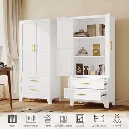 GAIOUS Steel Pantry Cabinet, 71" Metal Storage Cabinets | with 2 Doors, 2 Adjustable Shelf and 2 Drawers, Freestanding Storage Cabinet for Bedroom, Kitchen, Home Office (White)