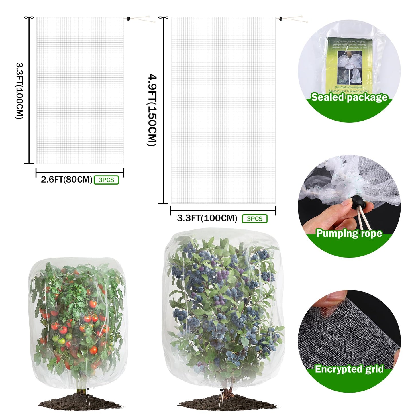 6 Pack Garden Netting for Plants 2.6x3.3ft - 3.3x4.9ft Mesh Fruit Tree Blueberry Pest Barrier Bug Netting with Drawstring 2-Size Insect Bird Netting for Tomato Vegetable Net