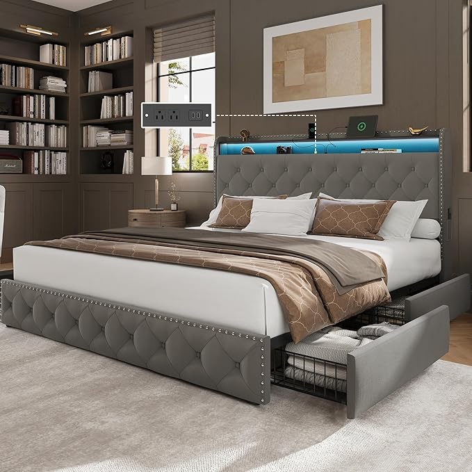 LARMACE King Bed Frame with 4 Storage Drawers and USB Charging Station Velvet