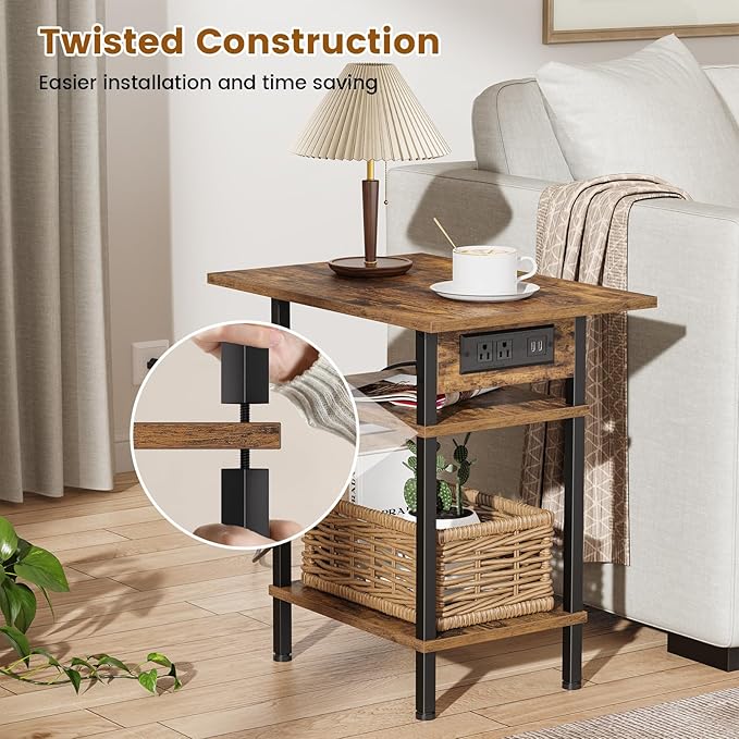 Asgolion Side Table with Charging Station, Skinny Nightstand with USB Ports and