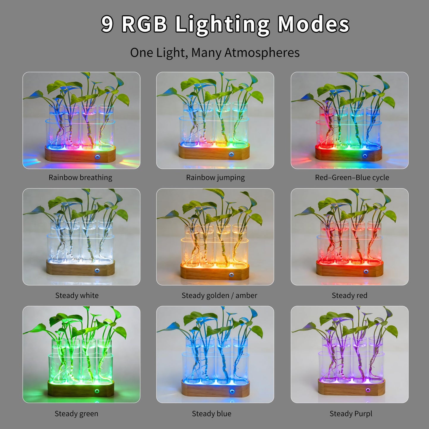 Plant Propagation Station with RGB Lights, Wooden Stand, 4 Glass Test Tubes for Hydroponic Plants, 9 Lighting Modes, Unique Gift for Plant Lovers