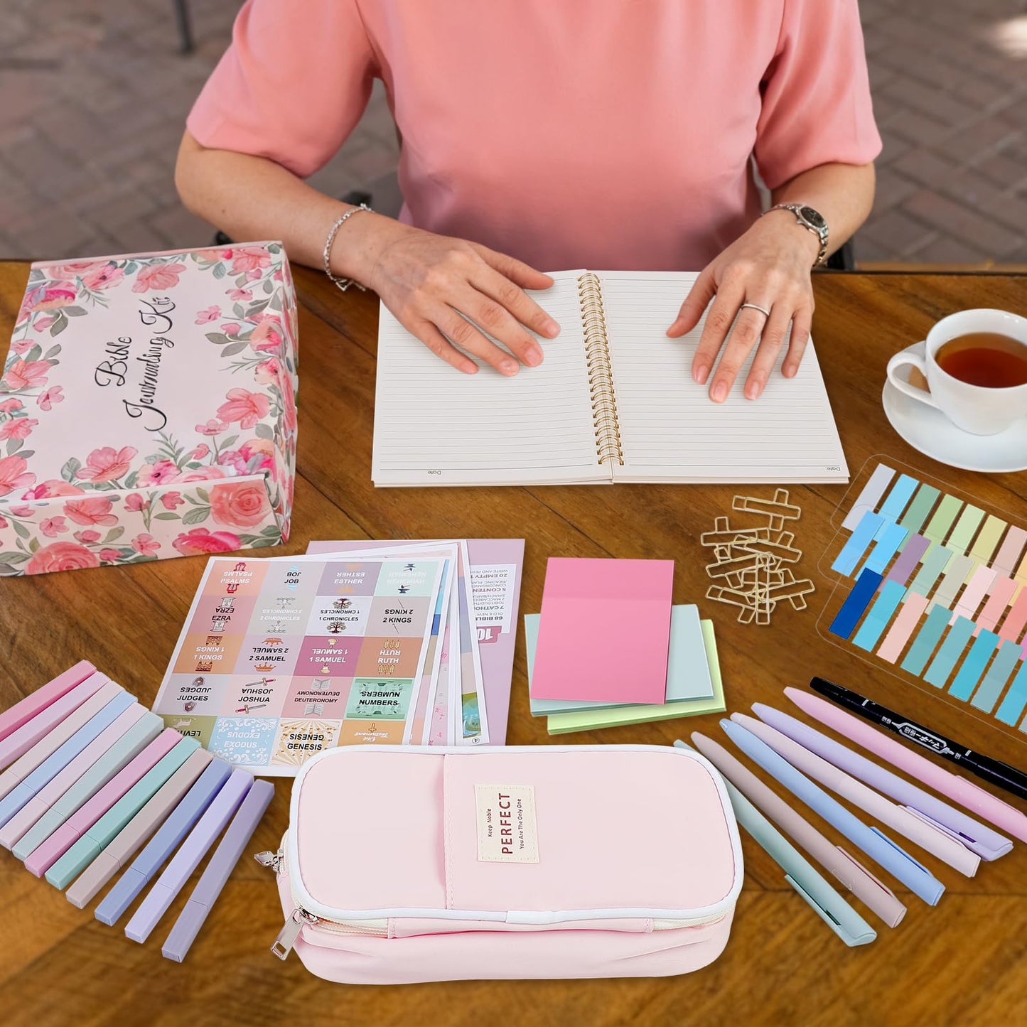 Gorsbark Bible Journaling Kit for Women, Bible Study Supplies Set with No Bleed Highlighters, Pens, Tabs, Notebook, Pencil Case, Christian Gifts for Women, Beginners, Students, Bible Study kit (Pink)