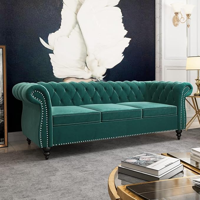 Mid-Century 3 Seater Sofa, Velvet Couch