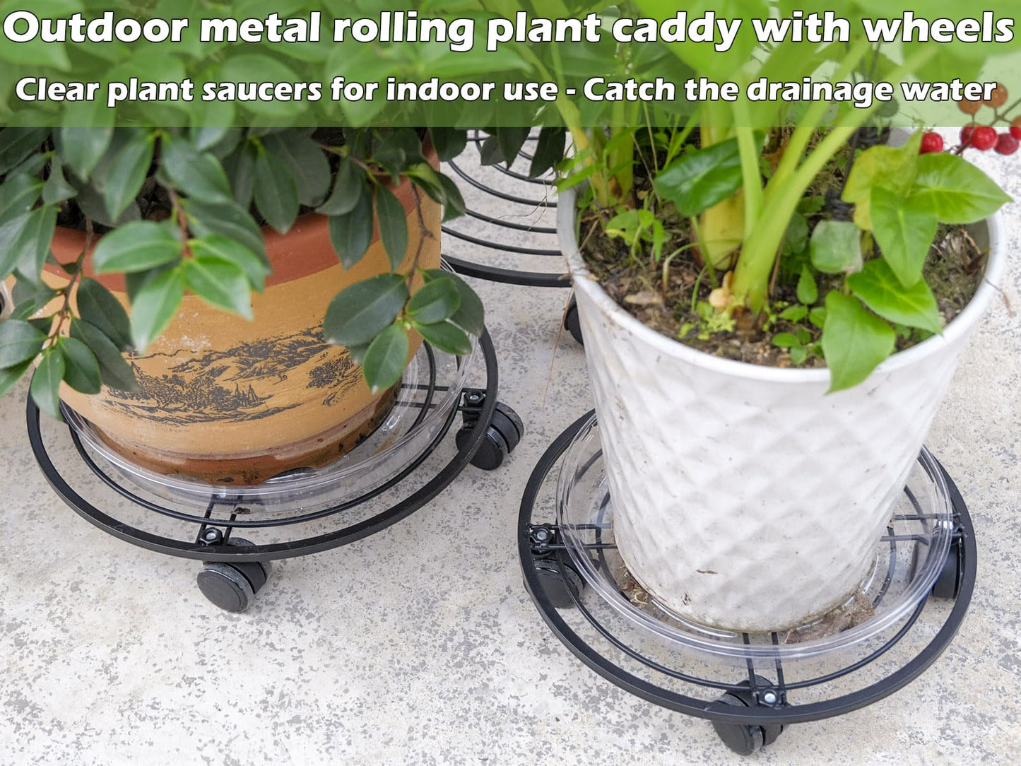 5 Packs 13.5" Metal Plant Caddy with Wheels Large Rolling Plant Stands Indoor Wheeled Plant Dolly Heavy-duty Planter Mover Roller Base Outdoor GardenTrolley Cart Water-proof, Plant Saucers on Wheels