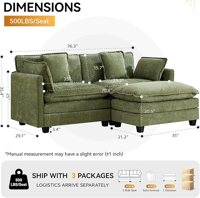 76'' Cloud Deep Seat Loveseat Sofa, Upholstered Chenille Modular 2-Seats