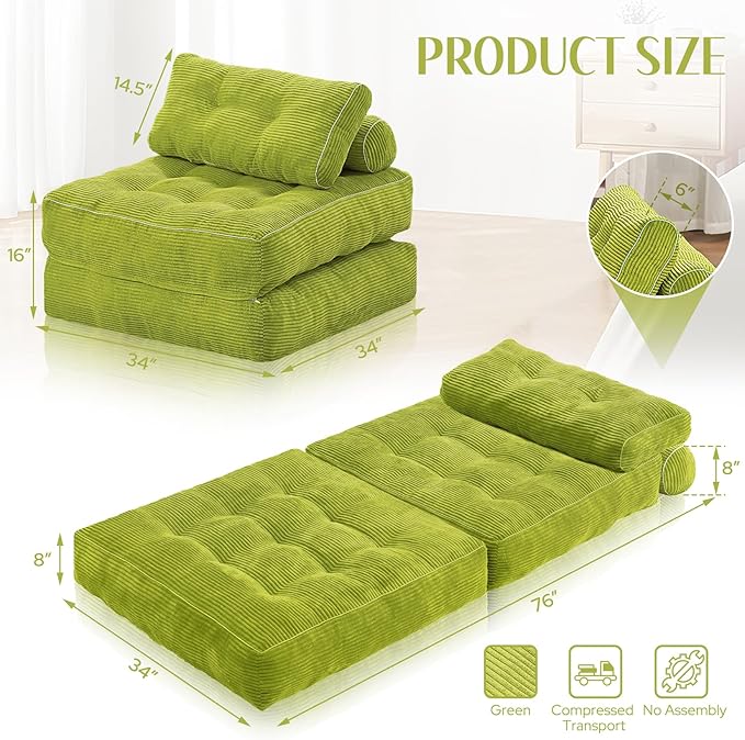 HABUTWAY Folding Sofa Bed, Convertible Sleeper Chair Bed w/Dual-Pillow & Handle