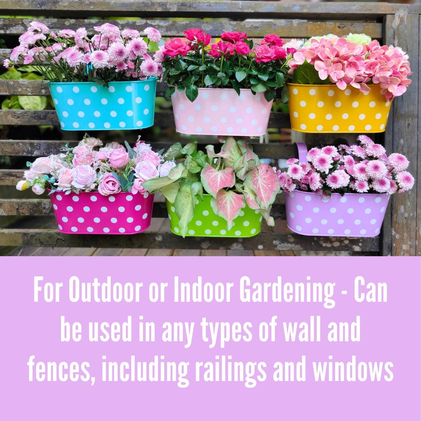 LaLaGreen Bundle - 4 Pack,11.8 Inch White + 6 Pack,11.2 Inch Multicolor Polka Dot Rounded Metal Iron Hanging Flower Pot,Wall Mount Modern Style Window Fence Railing Deck Colorful Plant Box Holder