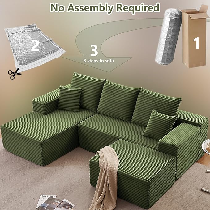 107" Comfy U-Shaped Sectional Modern Boneless Corduroy Couch