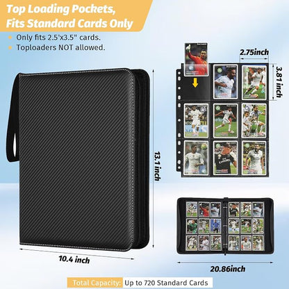 GERMUN 3 Ring 9 Pocket Zipper Trading Card Binder, 720 Double Sided Standard PU Album Folder for TCG & Sports Collectibles, Not Fit Top Loaders (Black)