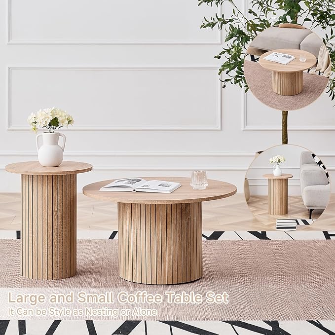 Round Nesting Coffee Table Set of 2 Mid Century Modern Wood Round Coffee Tables