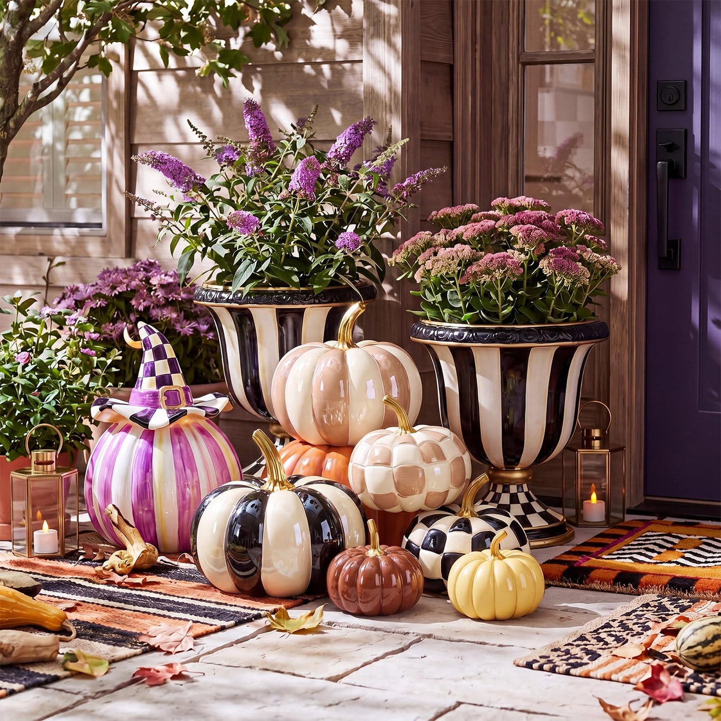 Pinkunn 6 Pcs Halloween Black and White Pumpkins Fall Decor White and Brown Yellow Checkered Striped Resin Pumpkin Decoration for Thanksgiving Autumn Farmhouse Porch Decorations Table Centerpieces